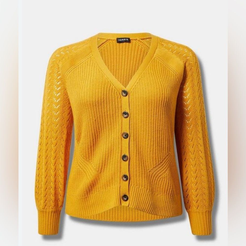 Torrid Golden yellow pointelle sleeve v neck cardigan. Sz 0X